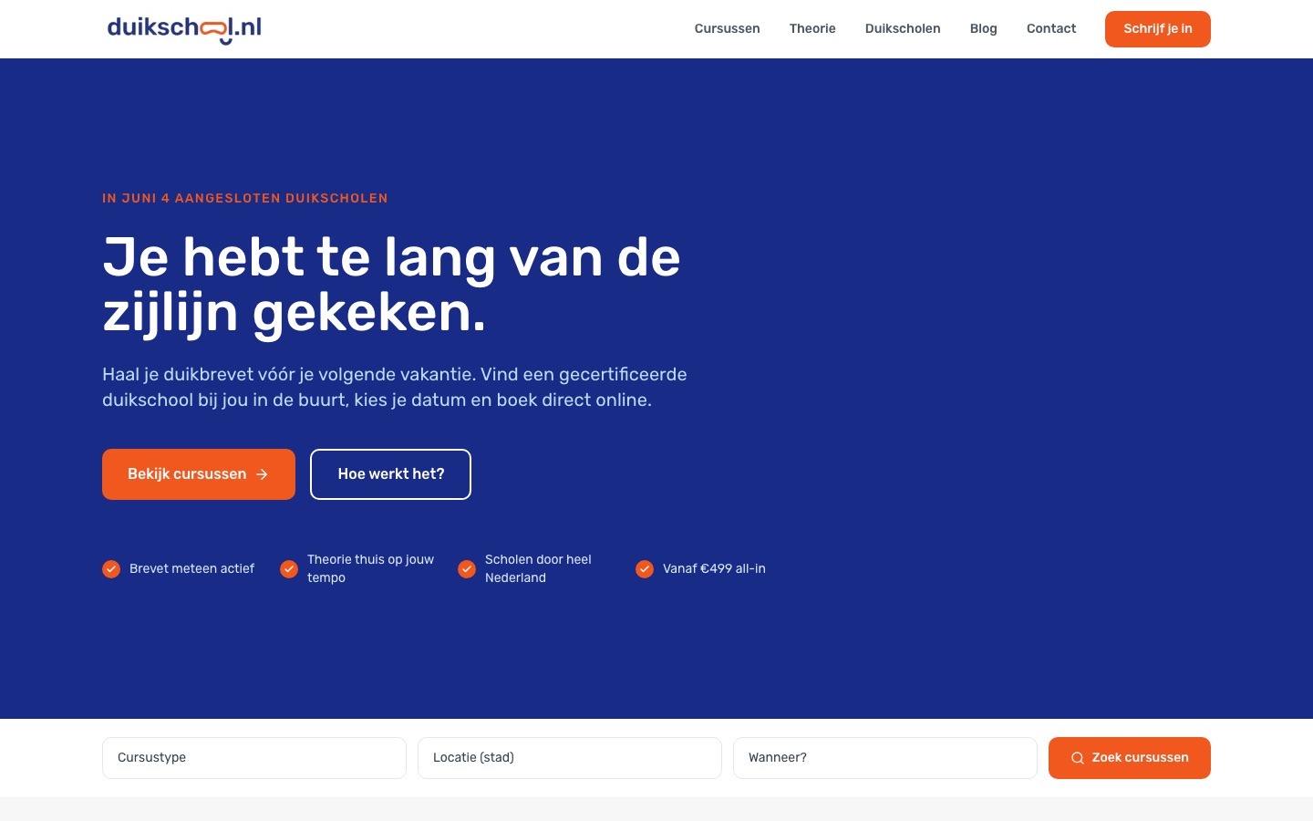 Screenshot van de homepage van duikschool.nl